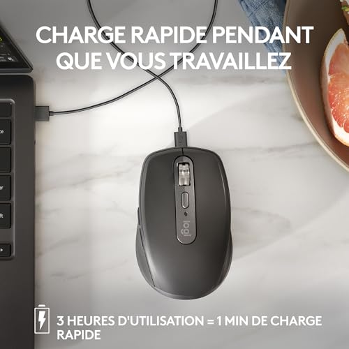 MX Anywhere 3S Souris Sans Fil Silencieuse, Compacte, Défilement Rapide, Suivi toute Surface en 8K DPI, Boutons Programmables, USB C, Bluetooth, Windows PC, Linux, Chrome, Mac - Graphite