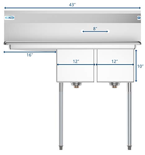 KoolMore 2 Compartment Stainless Steel NSF Commercial Kitchen Prep & Utility Sink with Drainboard - Bowl Size 12" x 16" x 10" - Thumbnail 4