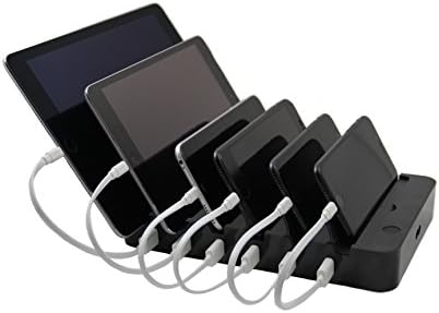 Smart Charging Station for Multiple Devices - Quick Charger 3.0 - Dock - 6ports - for Apple - iPhone - iPad - Samsung - Smartphone - Tablet - Organize Multiple Devices - Black - Add our USB Cables