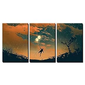 3 Piece Canvas Wall Art - Man Flying with Balloon Lights at Sunset,Illustration Painting - Modern Home Art Stretched and Framed Ready to Hang - 16"x24"x3 Panels