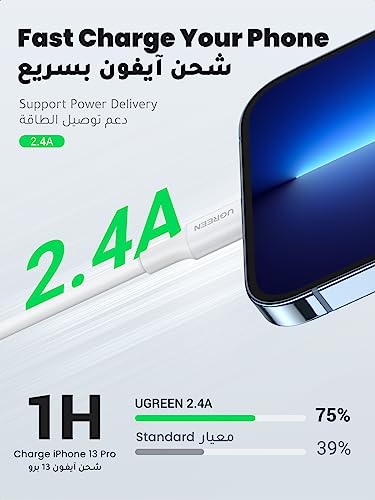 UGREEN iPhone Charger Cable 1M [MFi Certified] Lightning Cable 2.4A, USB A to Lightning Cord Power Delivery PD 20W, Compatible for iPhone 14/14 Pro/Plus/Pro Max, 6-13 All Series, iPad