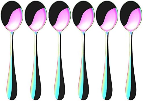 6 Inch Stainless Steel Colorful Rainbow Tea Spoons, Metal Round Dessert Mixing Stirring Coffee Spoon, Ice Cream Cocktail Soup Tableware Spoons, Mirror Polish, Set of 6