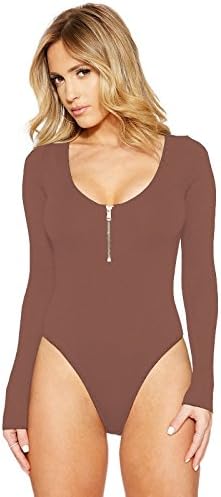 Ellie Hebe Women's Round Neck Zipper Long Sleeve Bodysuit Stretchy Leotard Top Apricot M