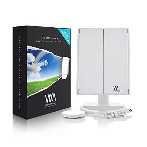 WONDER MIRROR 2019 Led Lighted Trifold Makeup Mirror w/Built-in Air-Vitamin Anion Generator for Ionic Conditioning + Big 10x Magnification Mirror w/Suction-Cups + Charger w/Long 7 ft Cord - Thumbnail 6