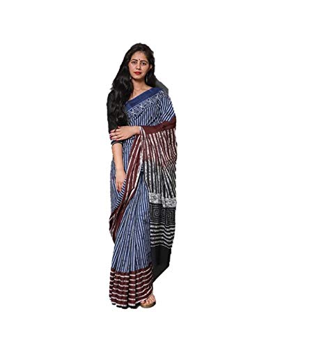 Blue & Black Cotton Hand Block Printed Saree With Blouse