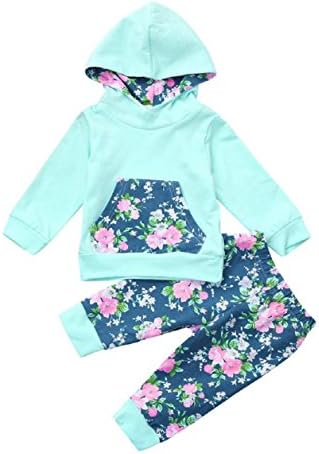Baby Clothes Set, PPBUY Toddler Floral Printed Hooded Tops + Pants 2Pcs Outfit Set (12M, Blue)