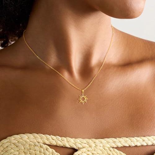 Tewiky Women's Sun Chain - 14K Gold Plated / Silver Layering Necklace with Sun Pendant Chain for Women Girls Waterproof Girls Gifts