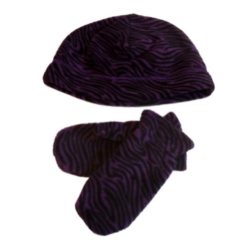 Faded Glory Infant & Toddler Girls Purple Zebra Fleece Beanie & Mittens Hat Set