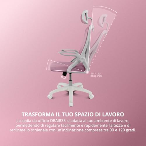 DRAIR35 – Sedia da Scrivania Ergonomica per Ufficio e Casa in Rete Tesa Traspirante, Reclinabile 90-120°, Poggiatesta e Braccioli Pieghevoli, Supporta fino a 120 kg, Rosa-Bianco