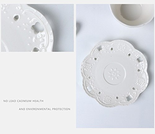 Eglaf Coffee Tea Cup Set Embossed Ceramic (Bone china) and Porcelain Saucers Spoon Bracket 6 - Piece Set (White)
