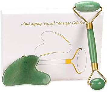 RSkull Jade Roller & Gua Sha Massage Tool Set, Highly Potent, Anti Aging Wrinkle, Facial Massager Therapy, Clears Toxins, Reduces Puffiness, Double Neck Healing Slimming Massager