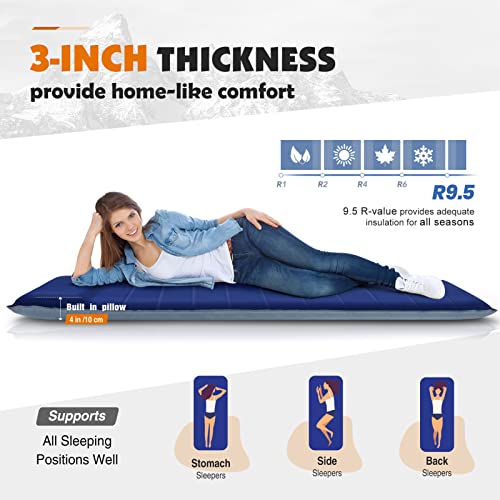 Hikenture Self Inflating Camping Mattress Pad with Pillow, 9.5 R Value