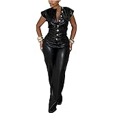 Molilove Womens Leather Jumpsuit Sexy Sleeveless Button Top Bodycon Jumpsuit Faux Leather Cargo Pants Romper Party Clubwear