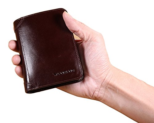 Men's Genuine Cowhide Leather Extra Capacity Bifold Wallet with Zipper Coffee