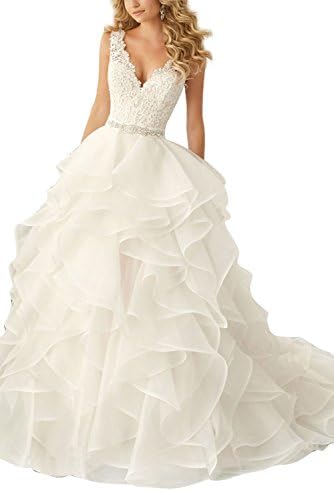Kittybridal Women's V Neck Organza Ruffles Ball Gown Wedding Dresses Bride Dress 2017 Ivory US 17