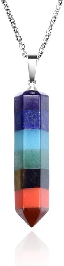 Injoy Jewelry 7 Chakra Gemstone Pendant Necklace Energy Healing Crystal Dowsing Divination Pendulum 18" Stainless Steel Chain, Hexagonal Shape