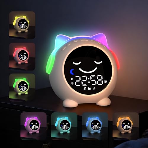 MRSCOZ Children's Cat Alarm Clock | Day/Night | Night Light + Soothing Sounds | 2 Alarms & Weekend Mode | Rechargeable | Sleep Aid & Time Learning for Girls / Boys