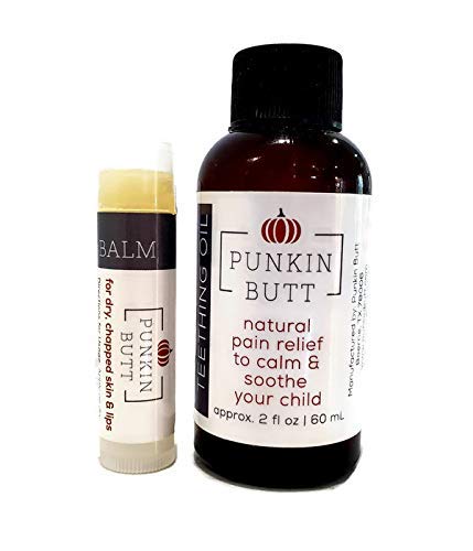 Punkin Butt Teething Oil 2 oz and Lip Balm. Chamomile, Clove, Peppermint. Natural, Safe, Effective; PETA Cruelty-Free, Vegan, use as Often as Needed, chapped Lips