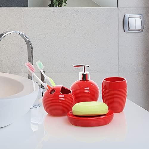 MyGift 4 Piece Red Ceramic Bathroom Accessories Set, Modern Round and