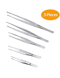 Senkary   Juego de pinzas de acero inoxidable (5 piezas, 11.8 in, 9.8 in, 7.9 in, 6.3 in, 3.9 in, 12 pulgadas, 12 pulgadas, 10 pulgadas, 4,9 pulgadas, pinzas de precisión rectas con puntas serradas para jardín, plantas, cocina, comida, acuario