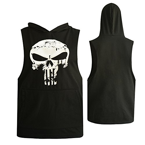 GZXISI Mens Skull Print Stringer Bodybuilding Gym Tank Tops Workout Fitness Vest (2 Pack:Black Hoodie,Red Hoodie, Medium) - Thumbnail 2