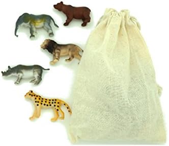 12 Pack Party Favor Cotton Goody Bags - Safari Jungle Animal Themed - Each Contains 12 Miniature Assorted Wild Animal Figurines