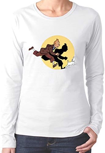 QFunArtCoo Long Sleeve Black T Shirt Women Round Shirt for Women with Tintin Adventures Pattern