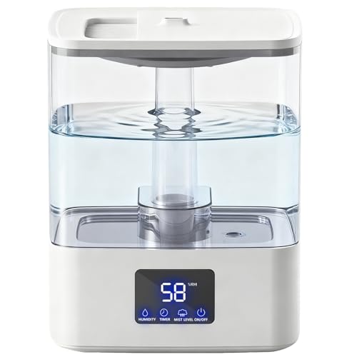 KZF Top Fill Humidifiers for Bedroom & 60H Runtime - Cool Mist Humidifier, 3 Mist Levels, 8H Timer, Essential Oil Tray, Humidity Display, Quiet for Bedroom, Baby, Plants, Large Room (White, 4L)