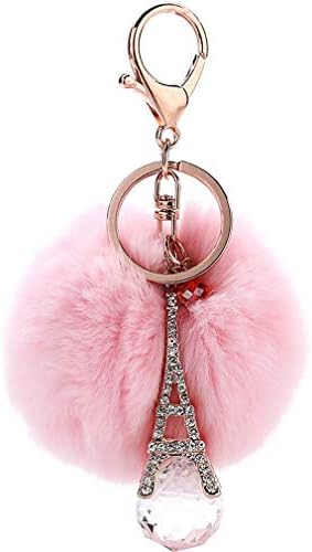 Xiang Ru Eiffel Tower Inlay Rhinestone Keychain Ball Pom Pom Keyring Bag Decor Pink