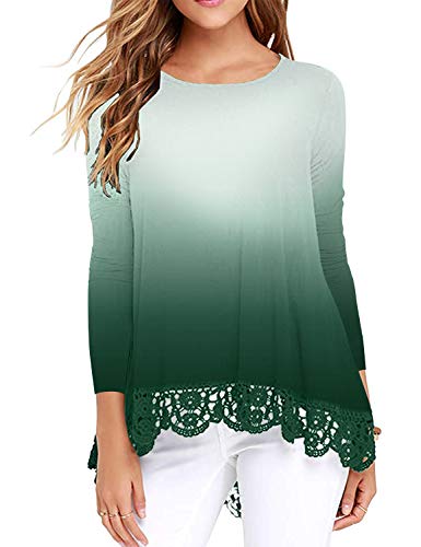 Beauhuty Womens Tops Casual Flowy Tunic Blouses O-Neck A-Line Lace Trim Long Sleeve Shirts (A-Green,XXL)