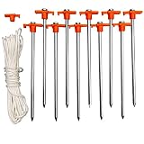 Eurmax Galvanized Non-Rust Outdoor Camping Family Tent Pop Up Canopy Stakes 10pc-Pack, Bonus 4x10ft Ropes & 1 Orange Stopper