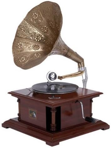 EcWorld Enterprises 7731363 Antique Replica Dark Wood Phonograph Gramophone With Large Engraved Brass Horn by ecWorld Enterprises