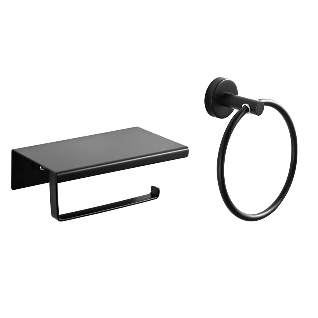 EMKE Toilet Roll Holder Set, 2 PCS Towel Ring and Toilet Roll Holder Set, Wall Mounted Bathroom Accessory Set include Black Toilet Paper Holder + Stainless Steel Towel Ring