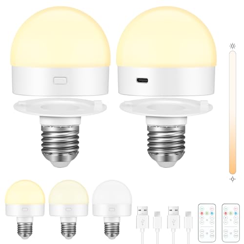 E27 Battery Operated Light Bulb, 2 Pack Rechargeable Cordless Bulbs with Remote Control, Detachable Magnetic Charging, Dimmable LED Bulb with 3 Color Temperatures & Timer for Lamps