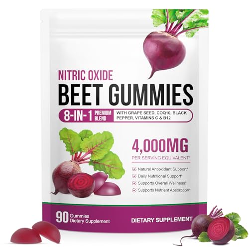 Beet Root Gummies for Blood Pressure, Nitric Oxide Booster, Heart Health, Energy Level Suport | with CoQ10 & 20:1 Beet Root Extract, Grapeseed Extract, Vitamin B12/C, Sugar-Free | 90 Chews