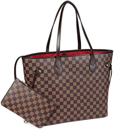 Daisy Rose Checkered Tote Shoulder Bag with Inner Pouch - Pu Vegan Leather, Brown, M
