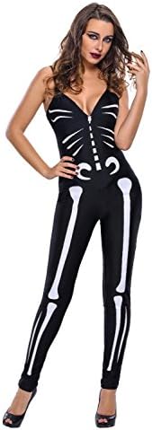Women Adult Halloween Costume Skull Glow in the Dark Skeleton Jumpsuit Catsuit Fancy Party
