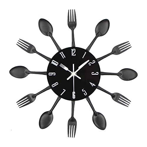 Timelike 3D Removable Modern Creative Cutlery Kitchen Spoon Fork Wall Clock Mirror Wall Decal Wall Sticker Room Home Decoration (Black)