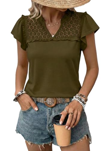 Dokotoo Womens Blouse Ruffle V Neck Short Pleated Sleeve Flowy Shirts Dressy Casual Cute Summer Tops Tunic Fashion Clothes Lace Patchwork Business Work Shirts Green Small at Amazon