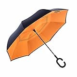 NewSight Reverse/Inverted Double-Layer Waterproof Straight Umbrella, Self-Standing & C-Shape Handle & Carrying Bag for Free Hands, Inside-Out Folding for Car Use (Orange)