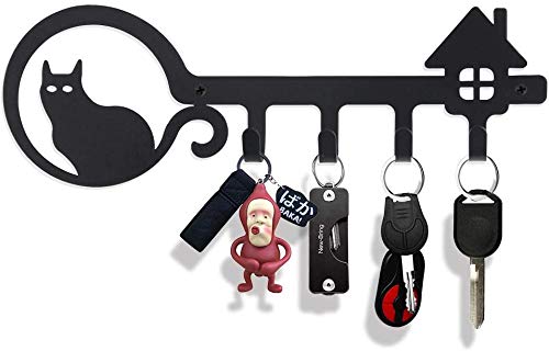 Decorative Wall Mounted Iron Key Holder, 11 inch with 4 Key Hooks Organizer for car or house keys, Key Rack with Screws and Anchors (Cat and Home)