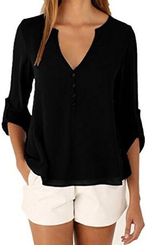 New Arrival 2016 Spring Summer Women's Chiffon Blouses V-neck Long Sleeve Button Shirt Sexy Loose Women Tops (XL, Black)