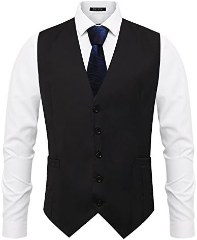 Spinty Mens Slim Solid Color Splice 5 Button Suit Vest Black