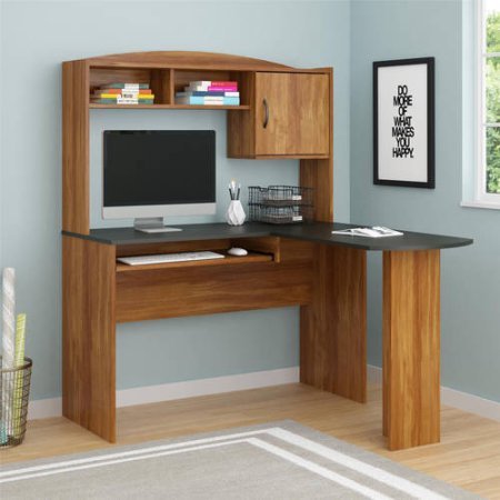 Corner L Shaped Wood Office Desk with Hutch in Black/Brown