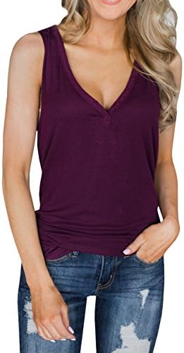 VOKY Womens Button V Neck Tank Tops Sleeveless Sexy Summer Tees Shirts Cami Top (L,Wine Red)