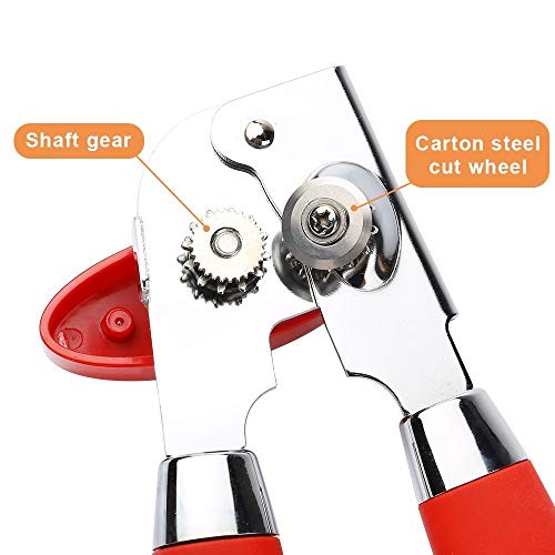 Can Opener Manual Stainless Steel CESHUMD Smooth Edge Comfort Grip Silicone Handle Heavy Duty Anti Slip for Seniors and Arthritis Hands (Red)