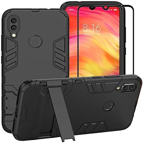 FaDream for Xiaomi Redmi Note 7 / Redmi Note 7 Pro Case, 2 in 1 Shockproof Hybrid Dual Layer Heavy Duty Protective Kickstand Cover with Tempered Glass Screen Protector (Black)