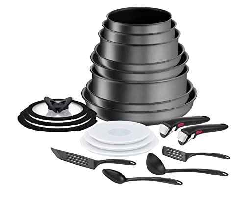 Tefal Ingenio Daily Chef ON - Juego de ollas y sartenes, 20 piezas, apilables, mango extraíble, ahorro de espacio, antiadherente, inducción, gris, L7619402