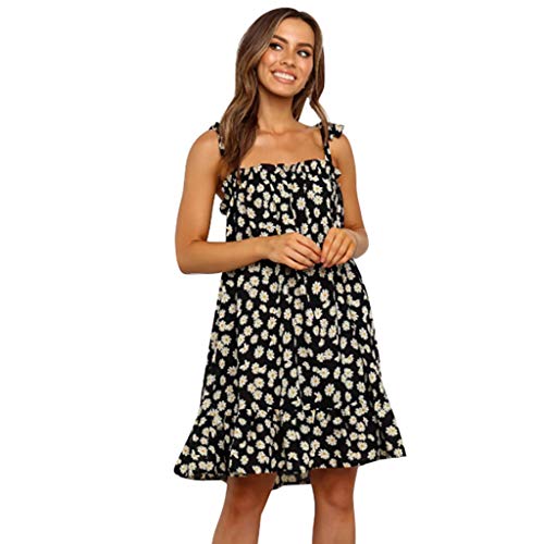 Lutos Women’s Fashion Bandage Sleeveless Floral Print Dress Ladies Ruffles Daily Dress Black
