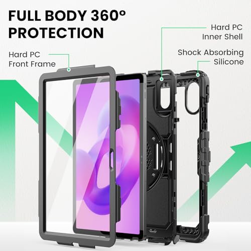 SEYMAC Case for Lenovo Idea Tab 11 2025 / Tab M11 2024 / K11 11 Inch, Shockproof Case for Lenovo M11 with Screen Protector, 360 Rotating Stand, Hand Strap, Shoulder Strap, Pen Holder, Black